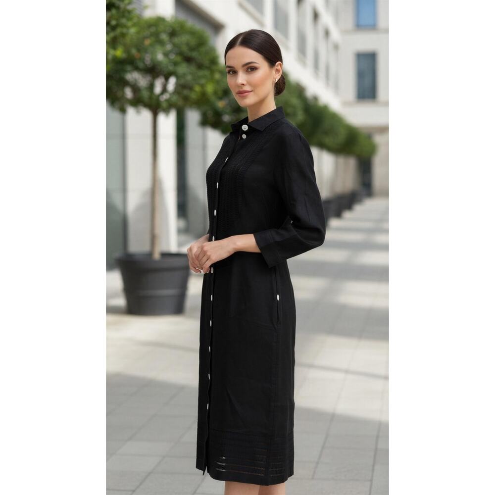 Rena Lange 100% Linen Black Button Front Midi Shirt Dress Size 12